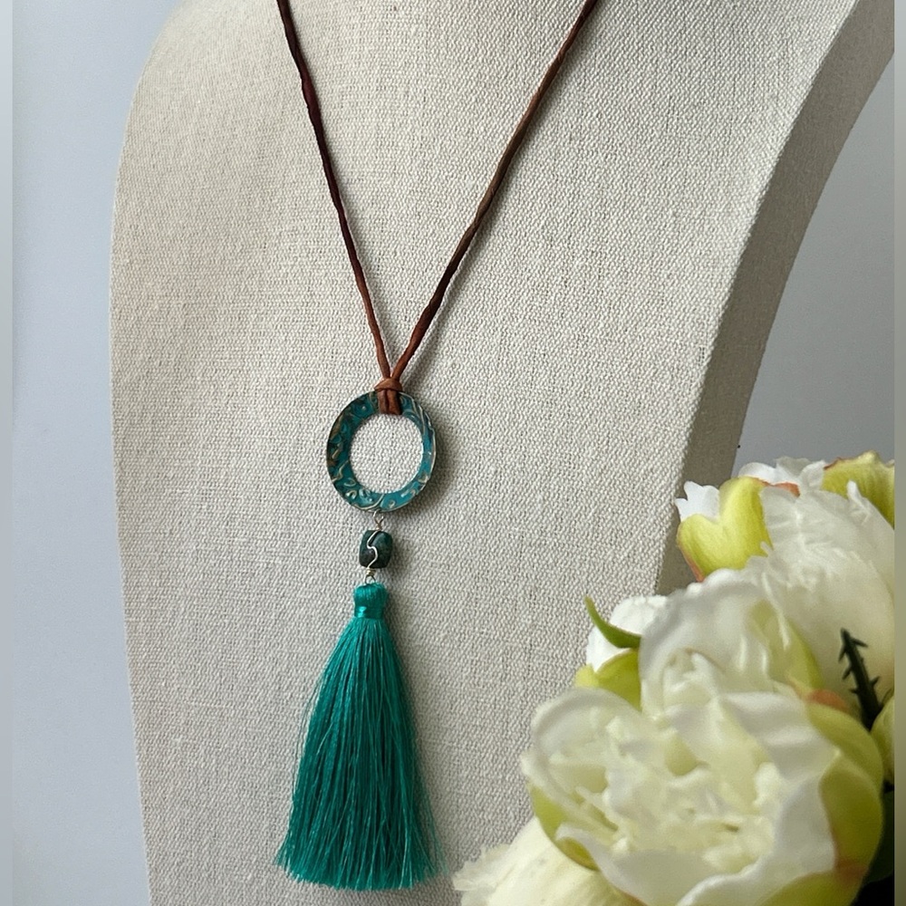 Teal Ocean New Moon with Tassel and Apatite Pendant Necklace